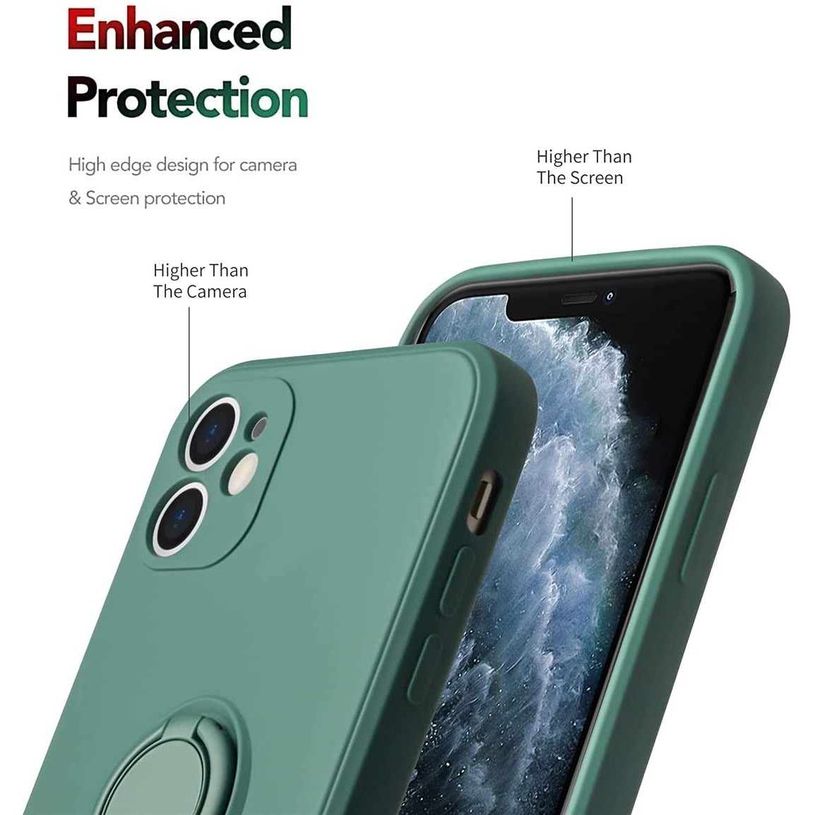 Husa protectie compatibila cu Apple iPhone 12 Liquid Silicone Ring cu suport rotativ Verde [2]