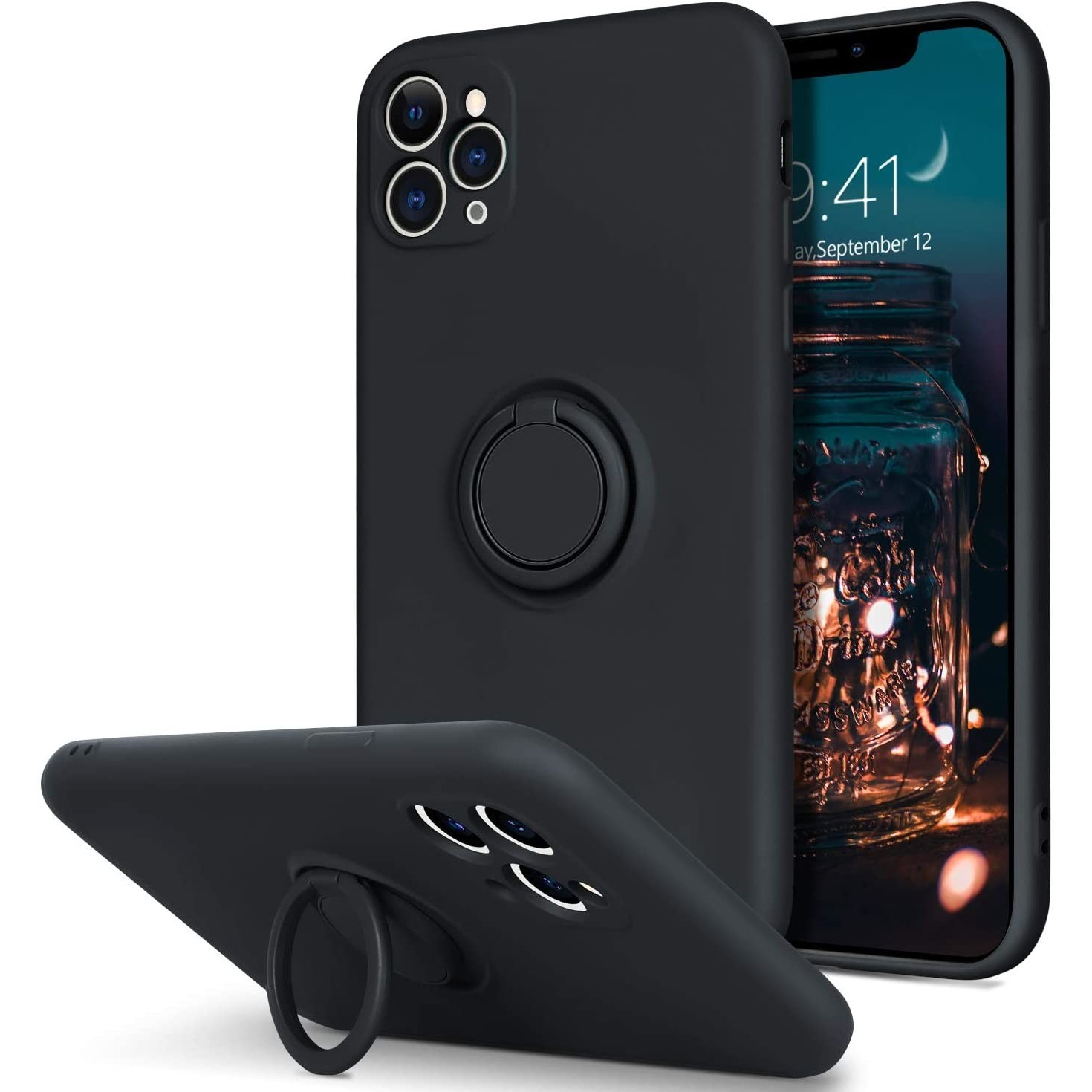 Ring Silicone Case - Husa protectie compatibila cu Apple iPhone 11 Pro Max Liquid Silicone Ring cu suport rotativ Negru