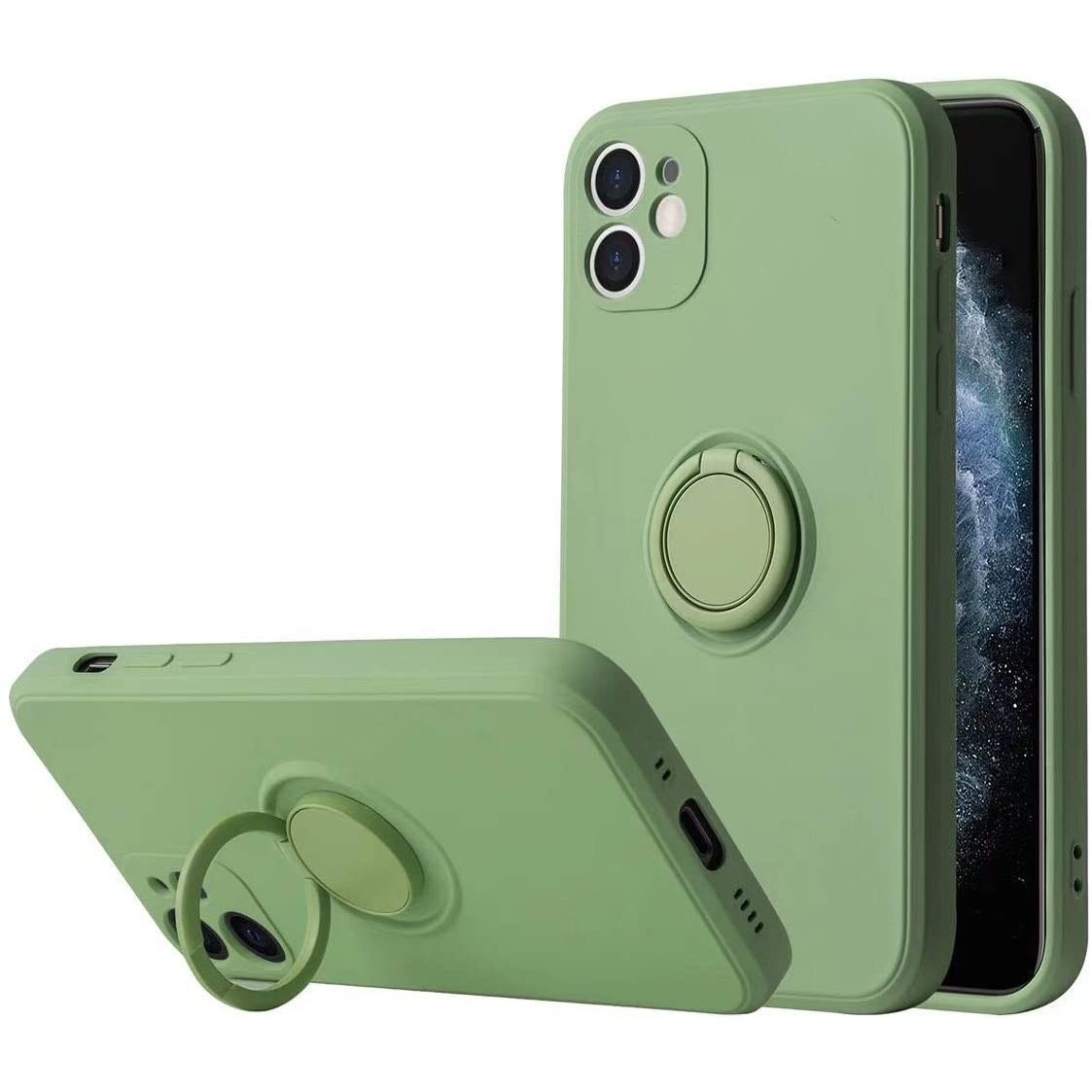 Husa protectie compatibila cu Apple iPhone 12 Liquid Silicone Ring cu suport rotativ Verde [5]