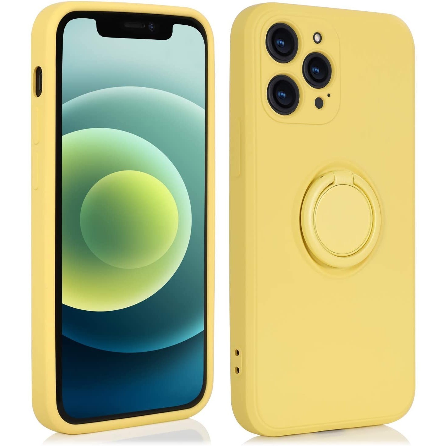 Ring Silicone Case - Husa protectie compatibila cu Apple iPhone 11 Pro Max Liquid Silicone Ring cu suport rotativ Galben