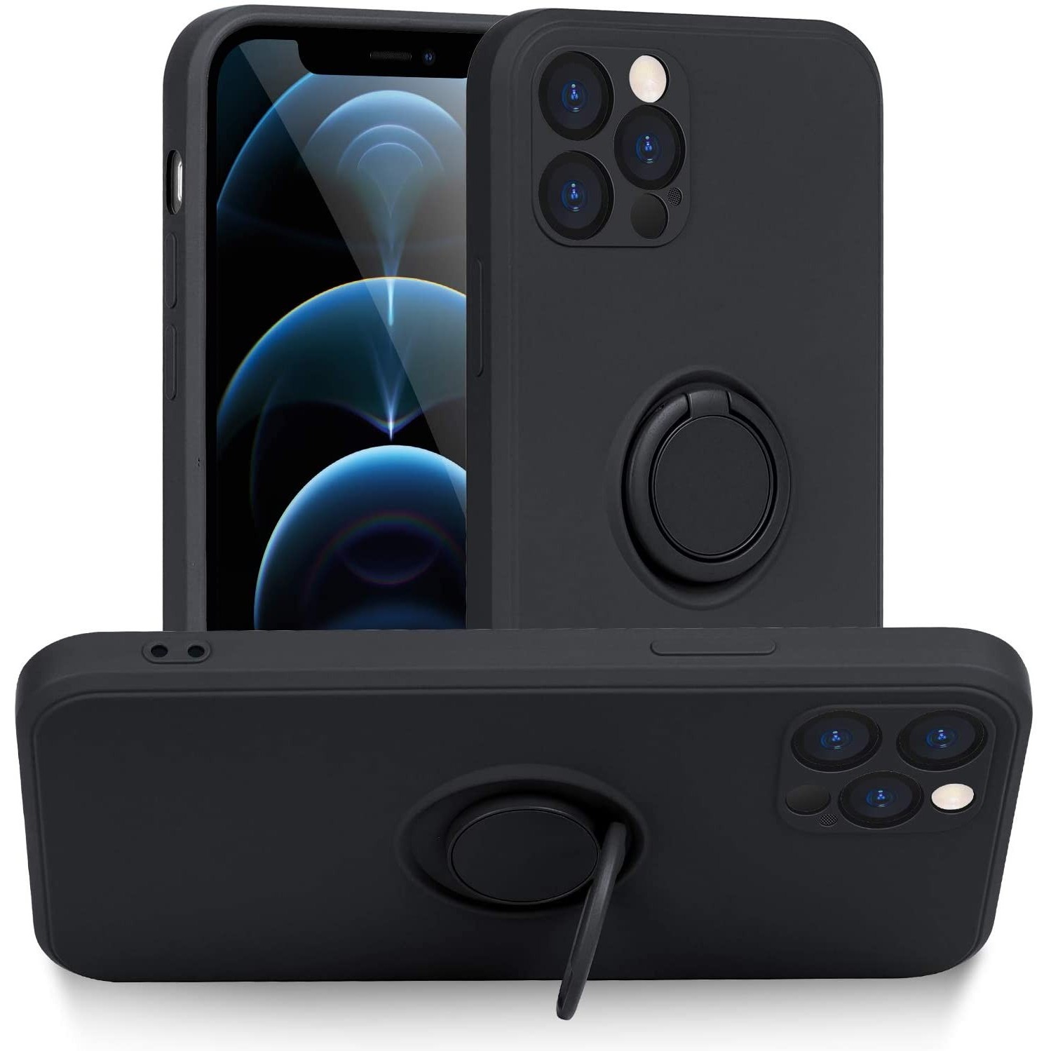 Ring Silicone Case - Husa protectie compatibila cu Apple iPhone 12 Pro Liquid Silicone Ring cu suport rotativ Negru