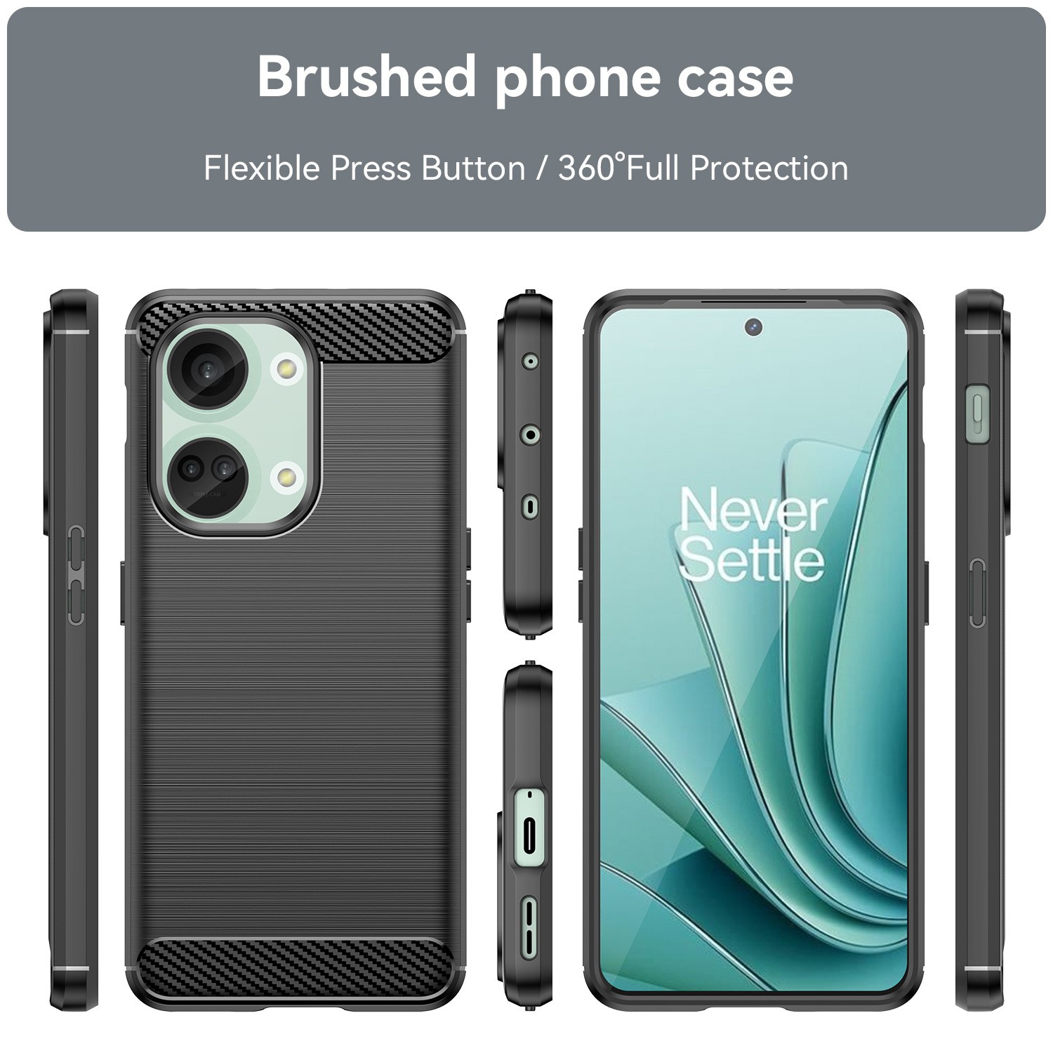 Husa Protectie pentru OnePlus Nord 3, , din Silicon TPU Moale, Textura Periat, Anti Cadere, cu Element Carbon, Negru [7]