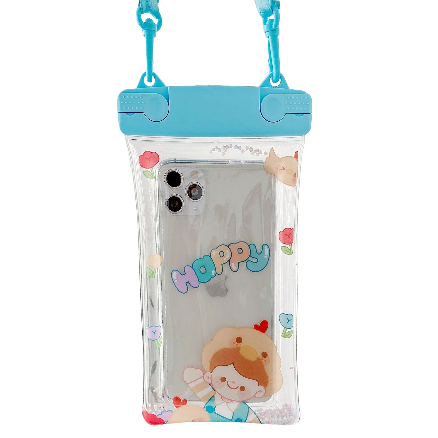 Fruity - Husa subacvatica Fruity Waterproof , Snowproof, Universala, Impermeabila, cu Snur, pentru telefon sau documente, Happy Boy, Bleu