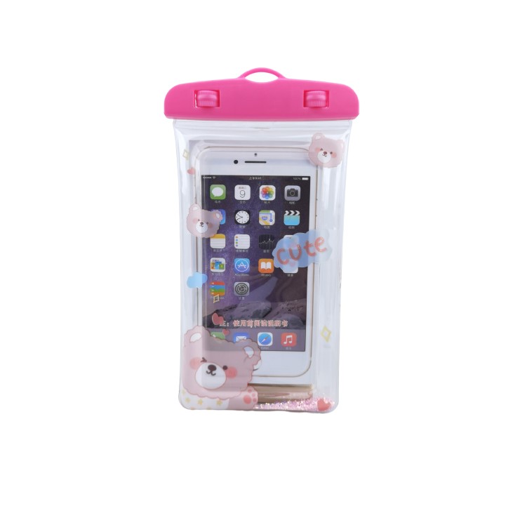 Glitter Kids - Husa subacvatica Glitter Kids Waterproof , Snowproof, Universala, cu Snur, pentru telefon sau documente, Cute Bear, Roz