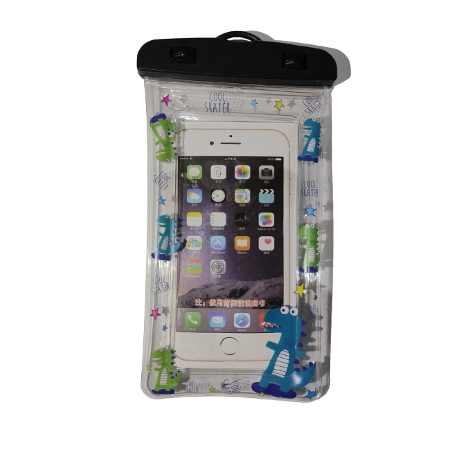 Kidz - Husa subacvatica Kids Waterproof , Snowproof, Universala, cu Snur, pentru telefon sau documente, Dino, Negru