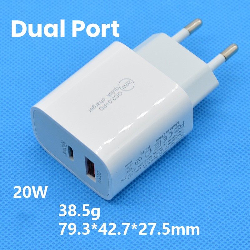 Incarcator Fast Charging QC 3.0, , Dual Port USB-A si USB-C cu Cap de Incarcare Standard European, 20 W, fara Cablu, Alb [1]
