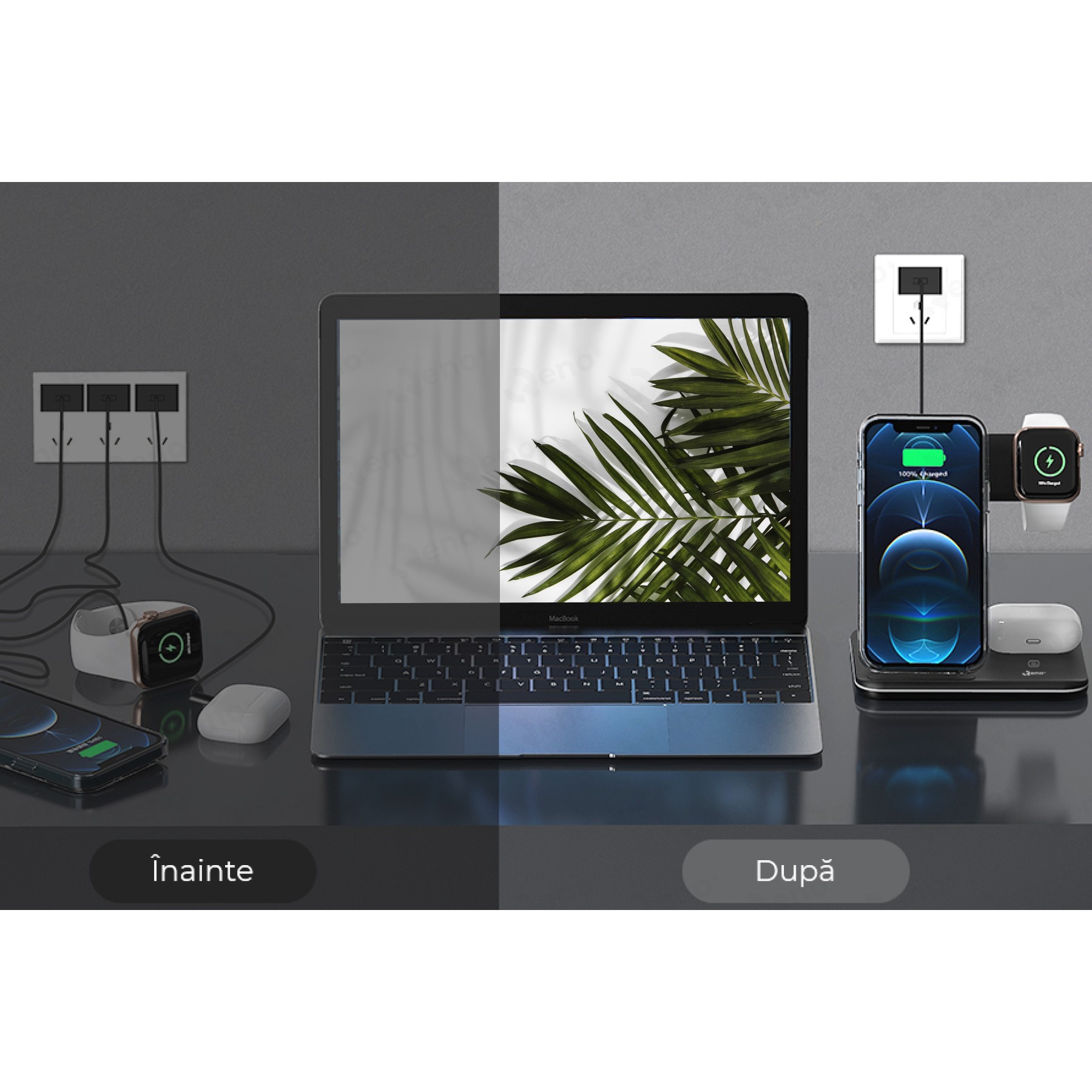 Incarcator Wireless , Statie Incarcare 3 In 1 Qi Fast Charger 15W, Incarcare Rapida, Compatibil Cu Apple Watch Toate Seriile Airpods Toate Modele si Iphone Android Samsung Huawei Xiaomi, Quick Charge, Negru [2]