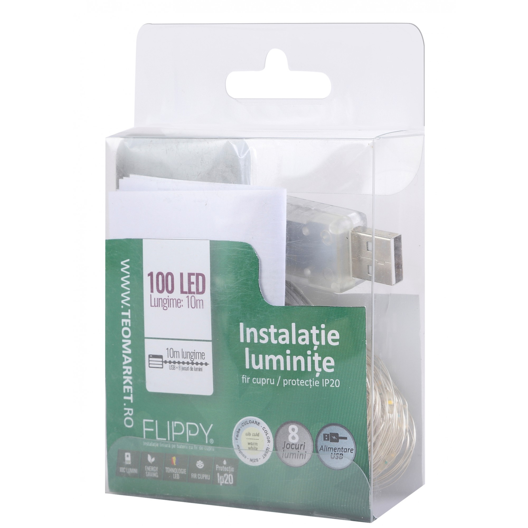 Instalatie Craciun, 10 metri, 100 LED-uri, alb cald, telecomanda 8 functii, USB, fir cupru, liniar, interior/exterior,  [9]