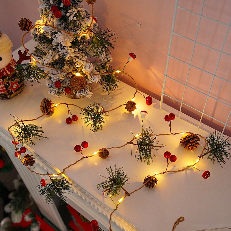 Instalatie Craciun cu baterii, 2 metri, 20 LED-uri tip Ace, conuri de pin si ciuperci, Alb Cald,  [4]