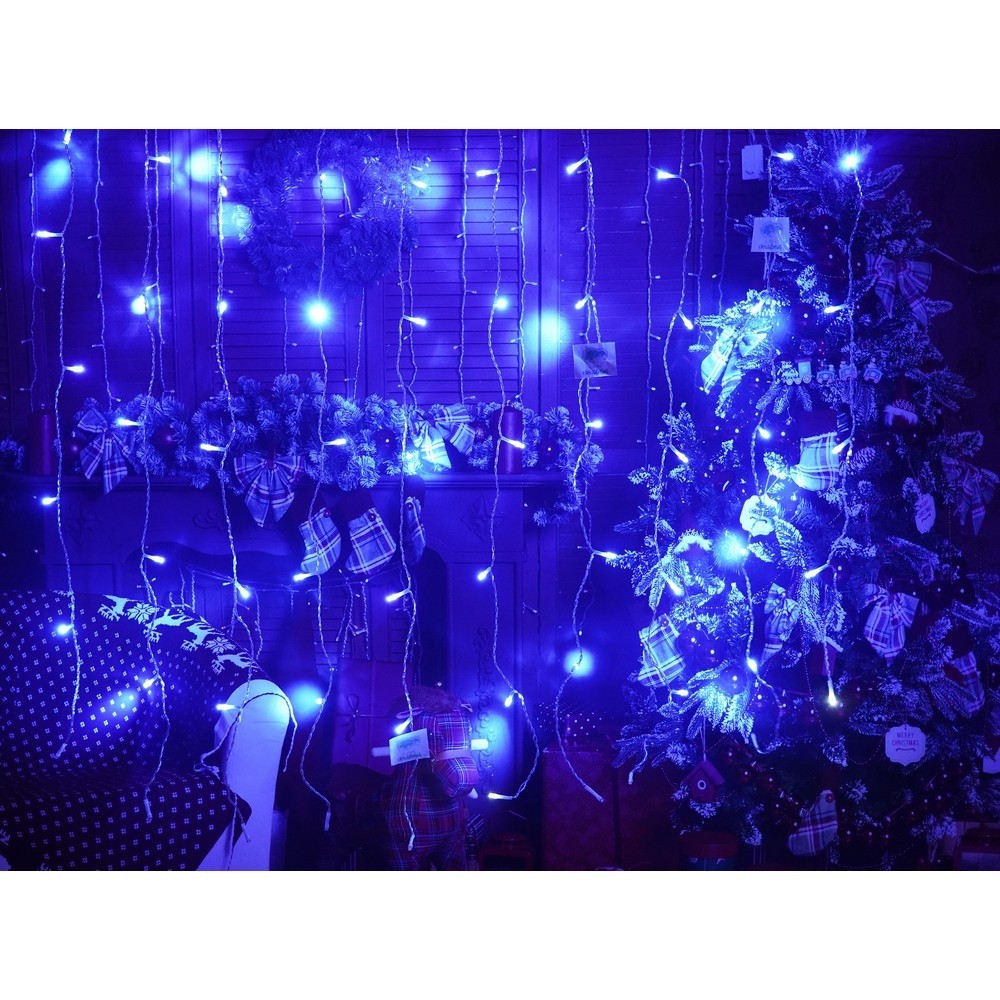 Instalatie Craciun, Tip Perdea, IP44, 1 m x 1 m, 60 LED-uri, Albastru, cu flash, Transformator cu telecomanda, Interconectabila, Prelungitor 5 m inclus, Fir transparent, Interior/ Exterior,  [7]
