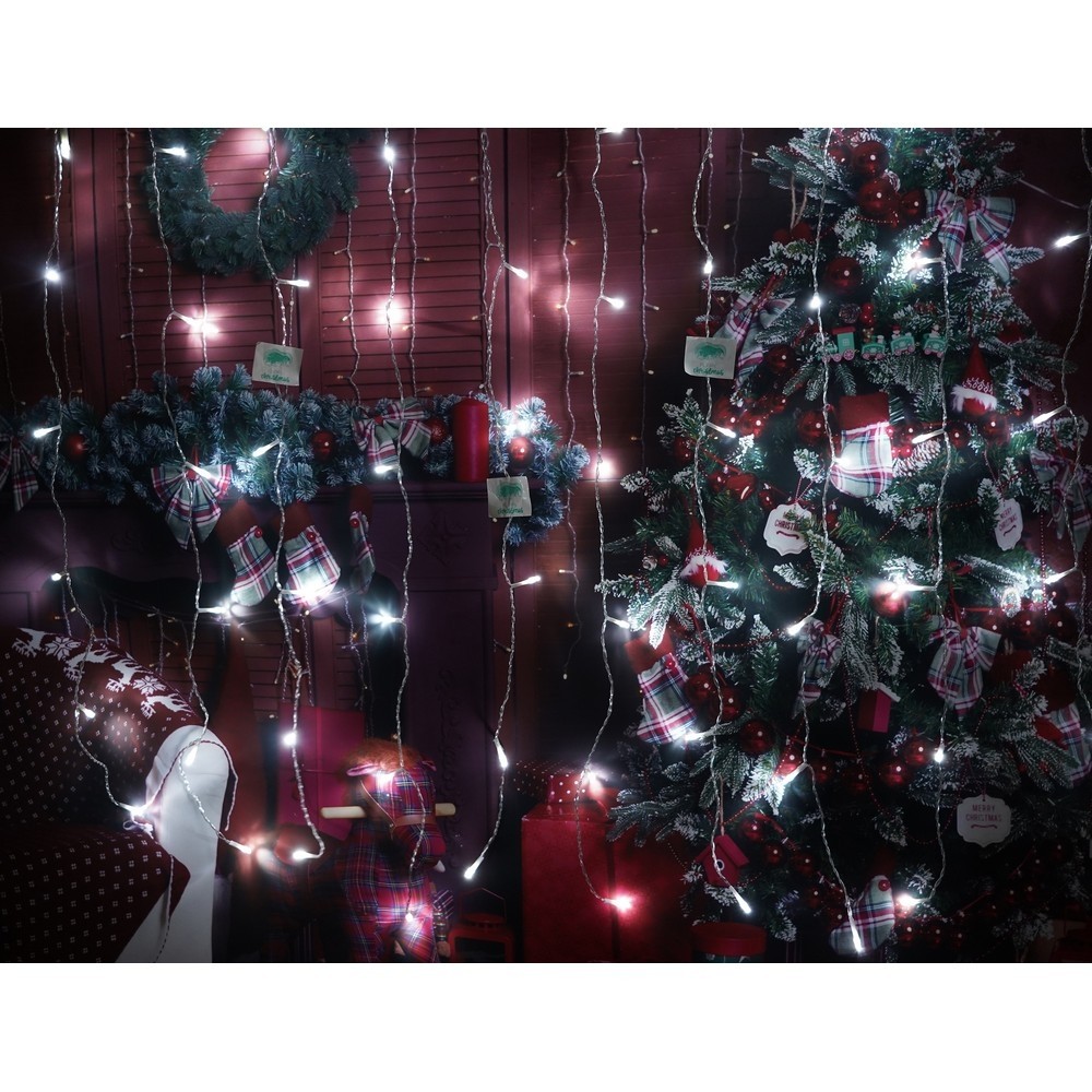 Instalatie Craciun, Tip Perdea, IP44, 16 m x 1 m, 960 LED-uri, Alb rece, 8 jocuri de lumini, Transformator cu telecomanda, Interconectabila, Prelungitor 5 m inclus, Fir transparent, Interior/ Exterior,  [10]
