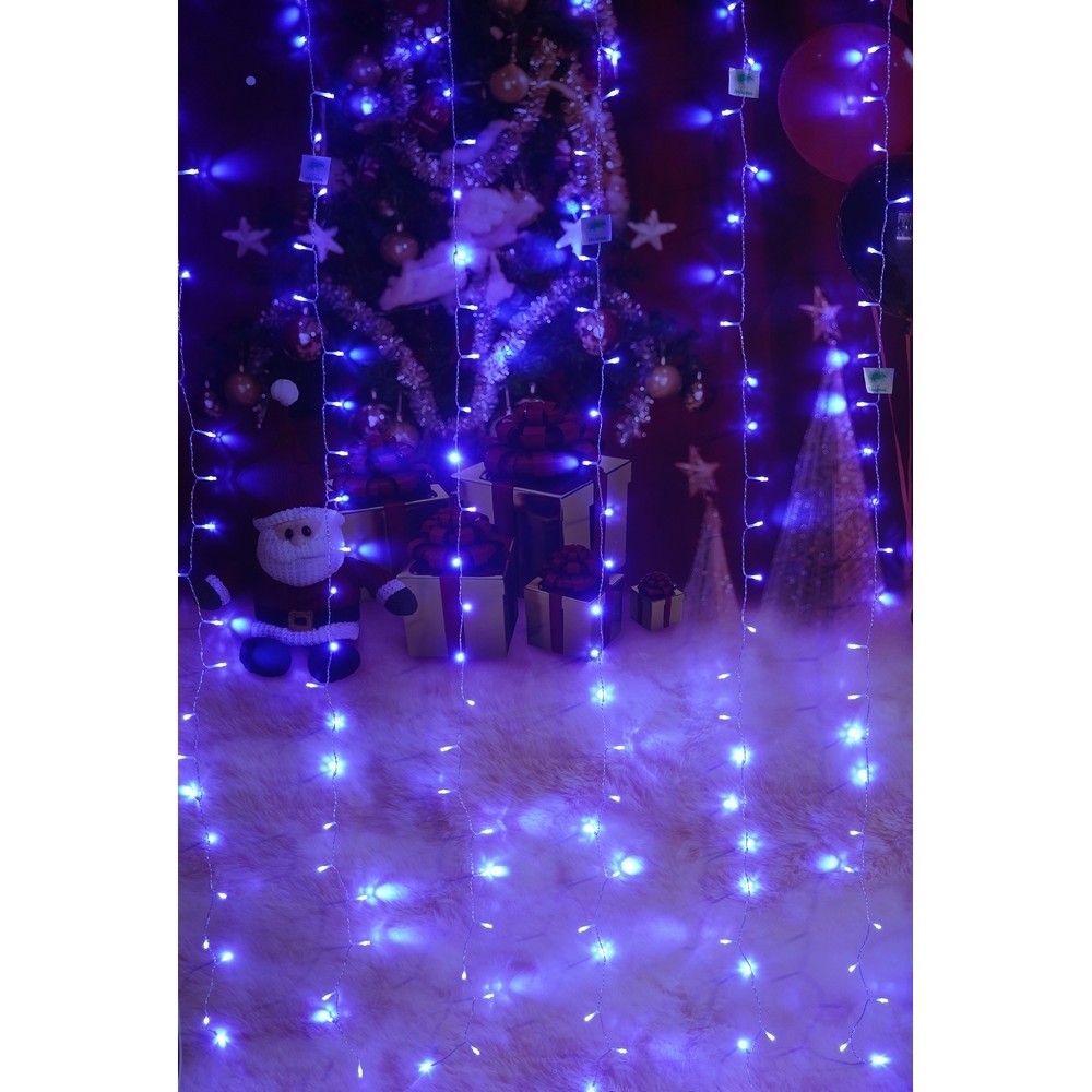 Instalatie Craciun, Tip Perdea, IP44, 4 m x 2 m, 480 LED-uri, Albastru, 8 jocuri de lumini, Transformator, Interconectabila, Prelungitor 3 m inclus, Fir transparent, Interior/ Exterior,  [10]