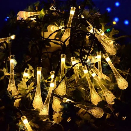 Instalatii Solare - Instalatie Craciun, Tip Picaturi de apa, 20 Led-uri, 5 metri, Alb cald, Energie solara, Senzor de lumina, 