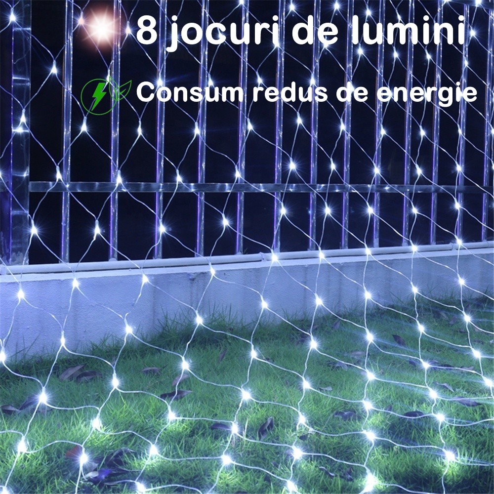 Instalatie Craciun Yoto, Tip Plasa, 1.2 m x 1.2 m, 80 LED-uri, Prelungitor 1.5 m, 8 Jocuri de Lumini, Interconectabila, Fir transparent, Interior/Exterior, Alb Rece [2]