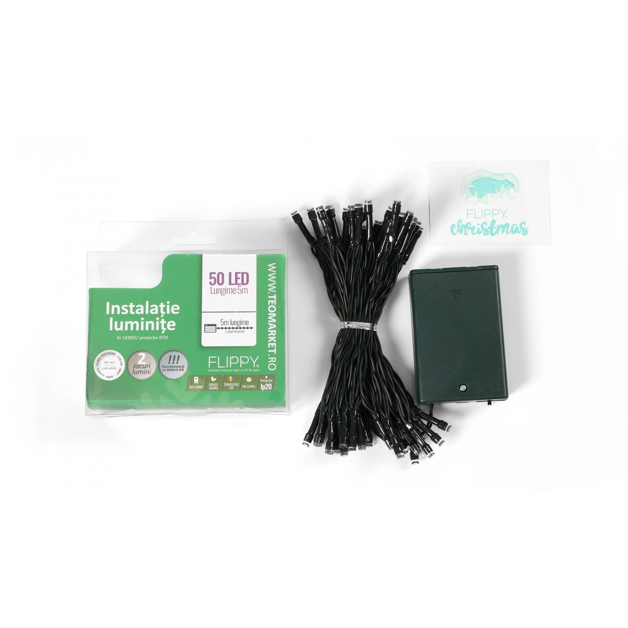 Instalatie de Craciun cu Baterii Tip Liniar, 2 jocuri de lumini, Fir Verde 5 m 50 LED -uri, Alb Rece [5]