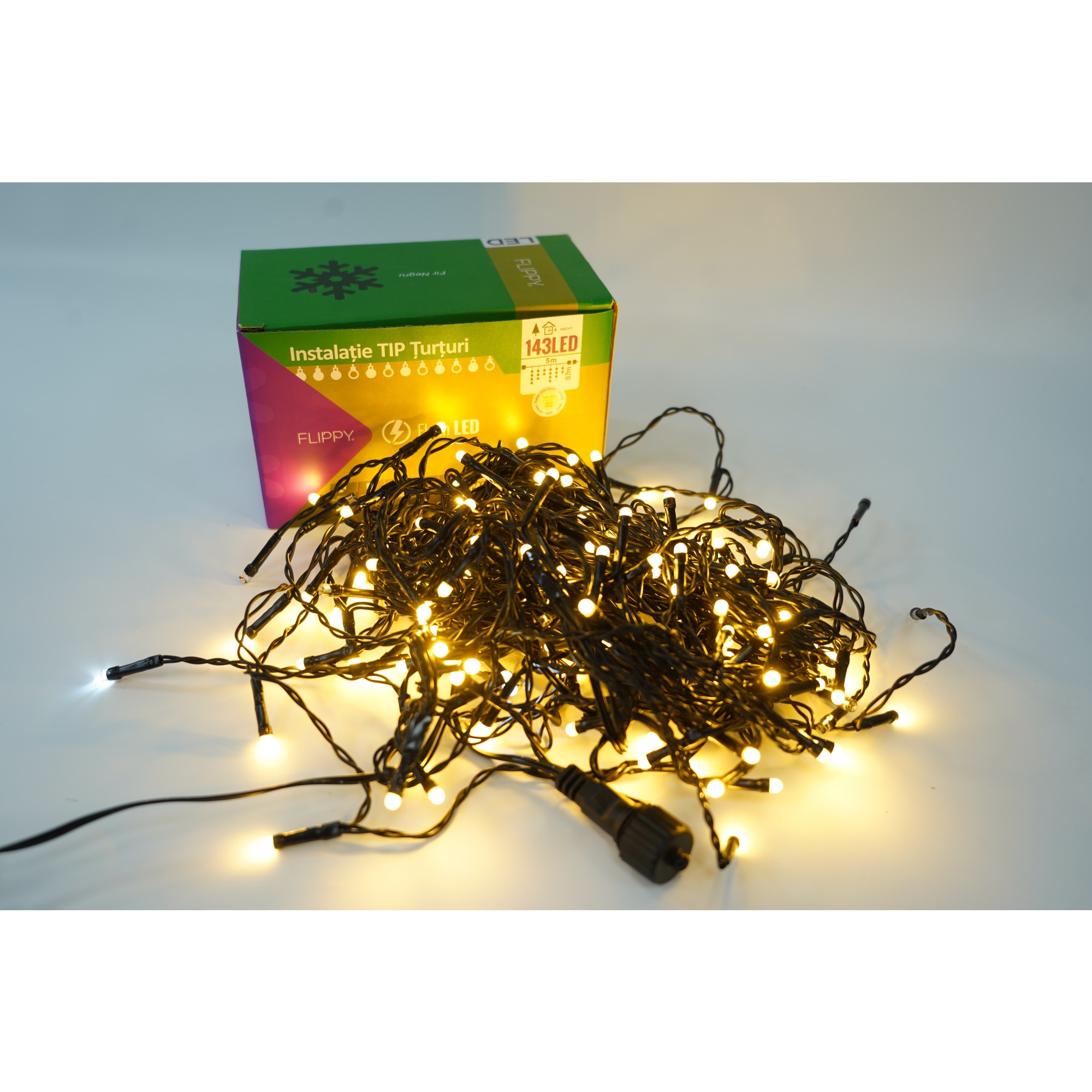 Accesorii si componente - Instalatie de Craciun ® Tip Franjuri cu Flash, Sectiune 5 m, 143 LED-uri, Interconectabila, Fir Negru, Alb Cald