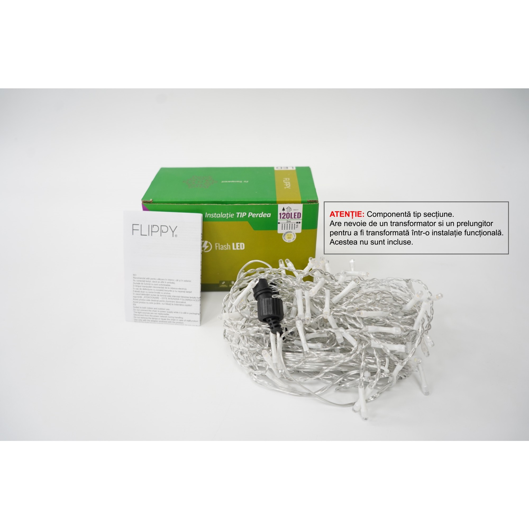 Accesorii si componente - Instalatie de Craciun ® Tip Perdea cu Flash, Sectiune 2 X 1 m, 120 LED-uri, Interconectabila, Fir Transparent, Alb Cald