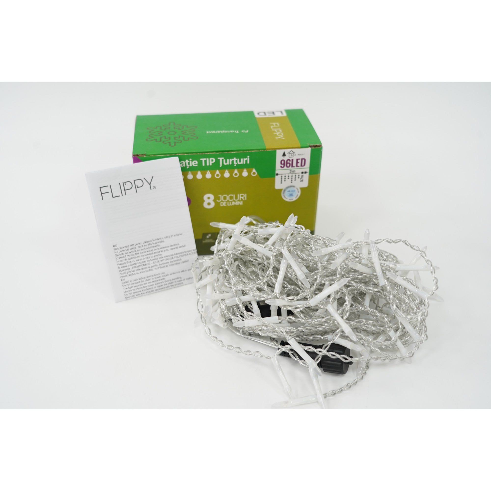 Instalatie de Craciun ® Tip Turturi, 8 jocuri de lumini Sectiune 3 m, 96 LED-uri, Interconectabila, Fir Transparent, Alb Rece [4]