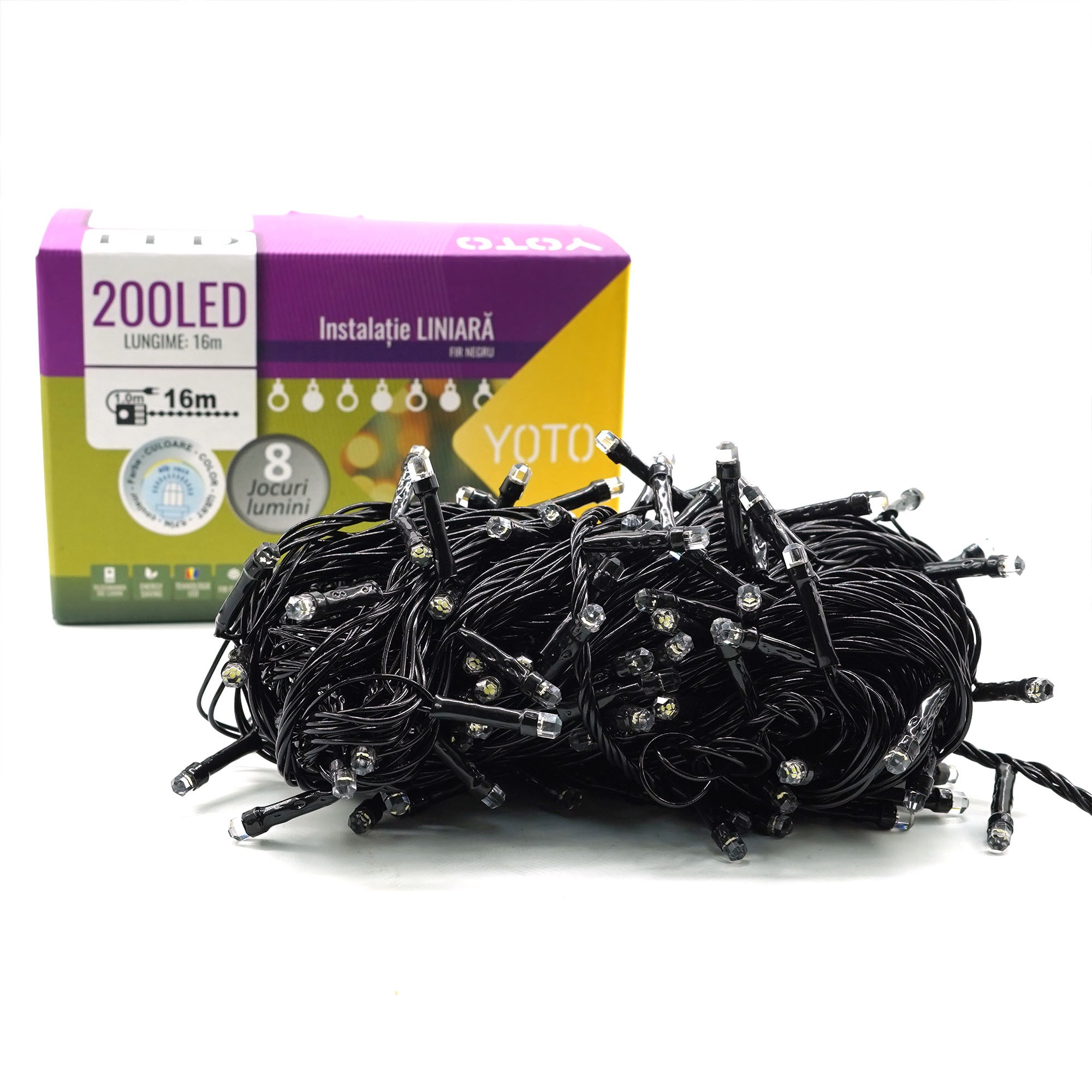 Instalatie de Craciun liniara Yoto, 17 m, din care 1 m cablu priza 220V, 200 LED, 8 jocuri de lumini, beculet in 6 colturi, pentru interior, controler, fir negru, alb rece [6]