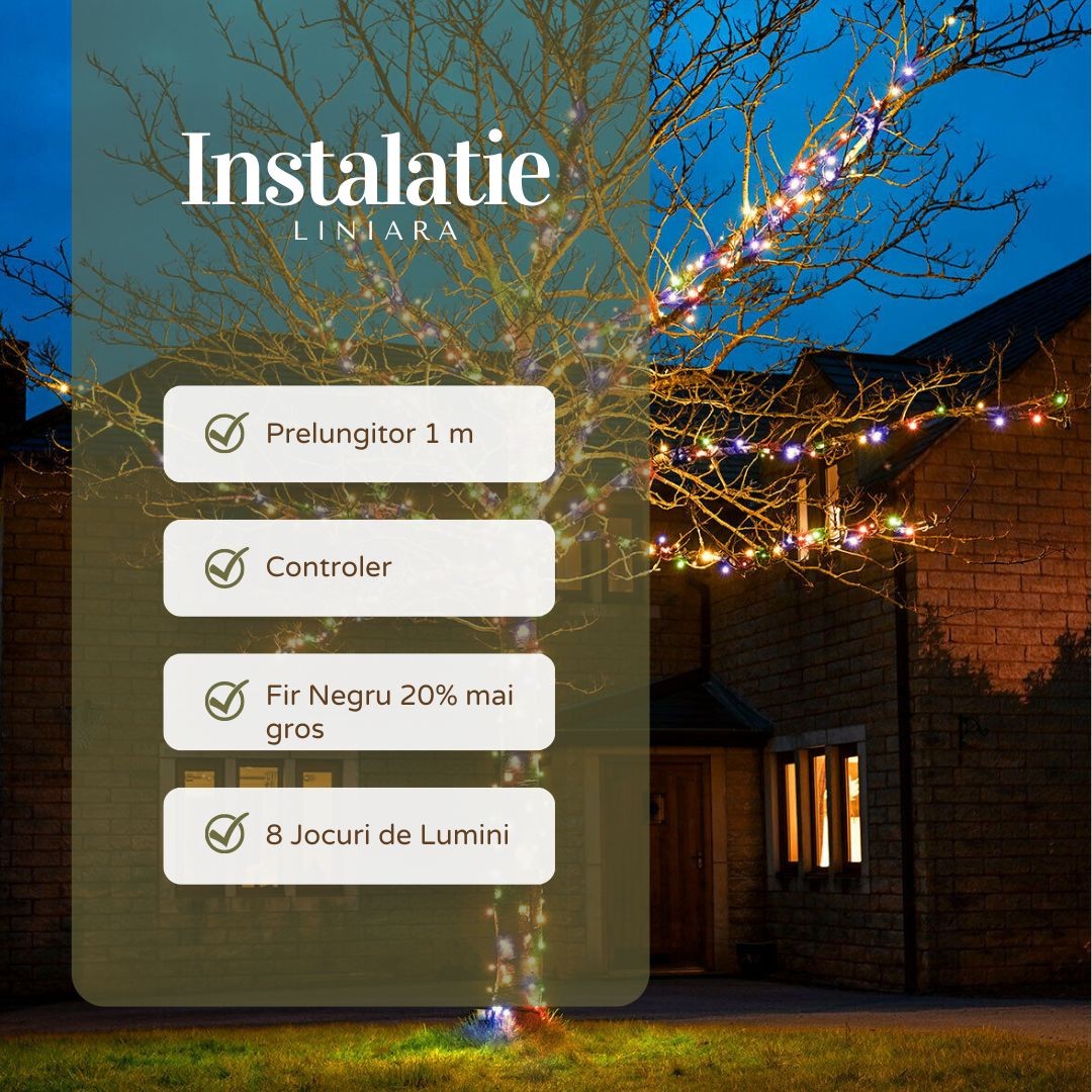 Instalatie de Craciun Liniara Yoto, 22 m, din care 1 m Prelungitor 220V, 300 LED, 8 jocuri de lumini, Controler, Utilizare Interior/Exterior, Fir Negru, multicolor [2]