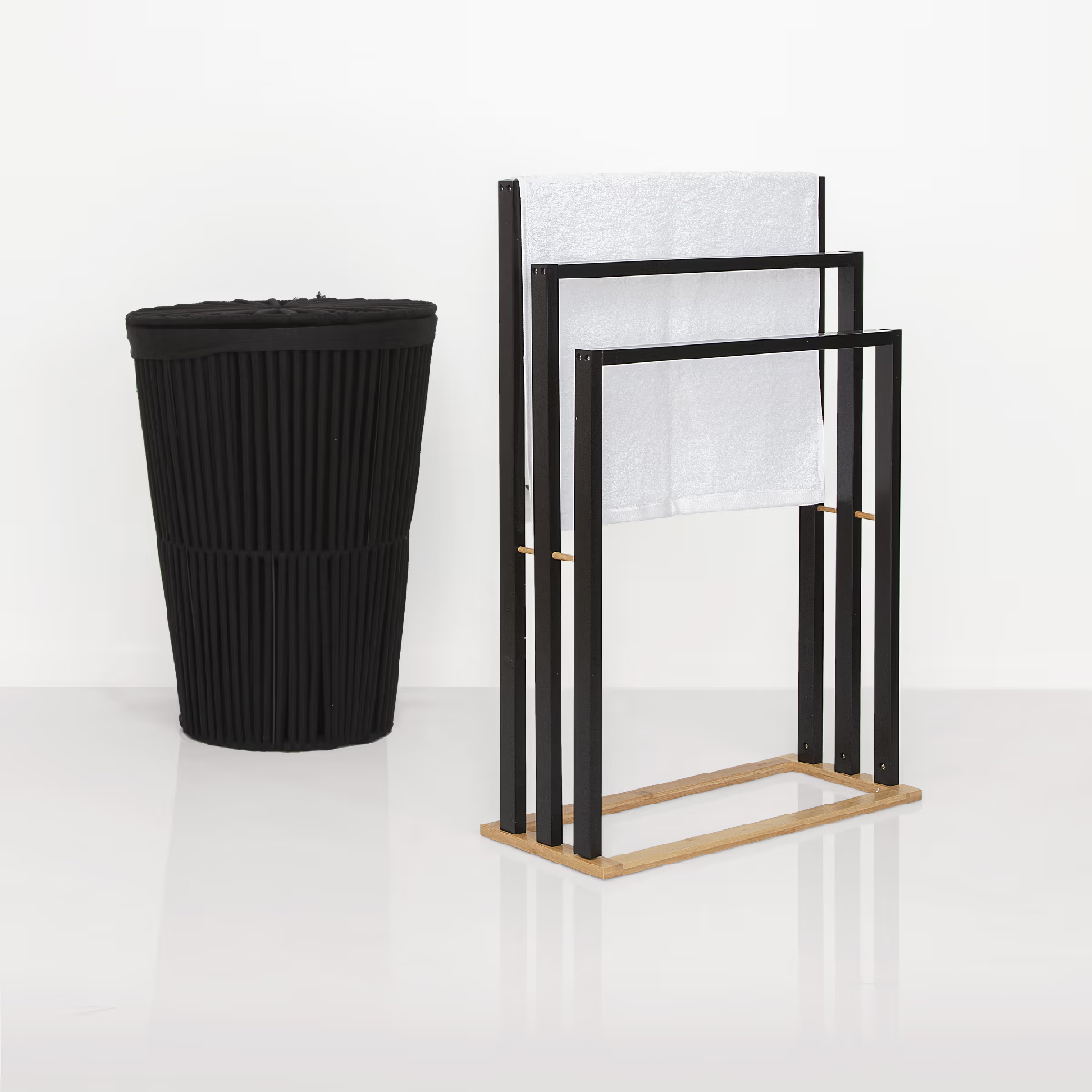 Suport prosoape 5Five Natureo cu 3 brate, 55x24x82 cm, MDF si bambus, negru [3]