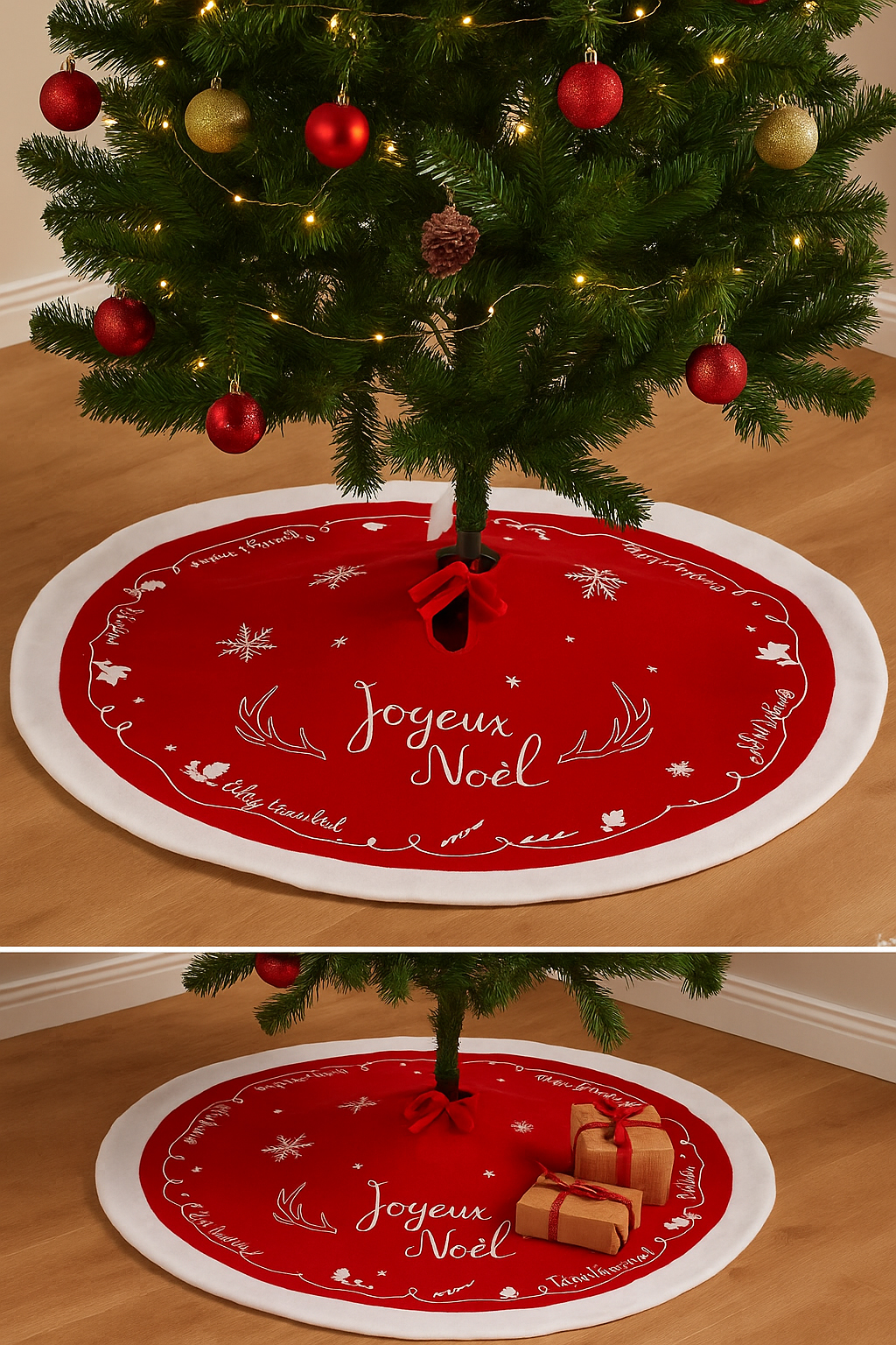 Covor decorativ pentru brad, din fetru matlasat, diametru 90 cm, rosu [3]