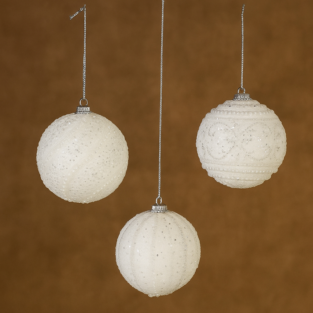 Set 12 globuri decorative cu sclipici si paiete, 3 modele asortate, diametru 8 cm, alb [4]