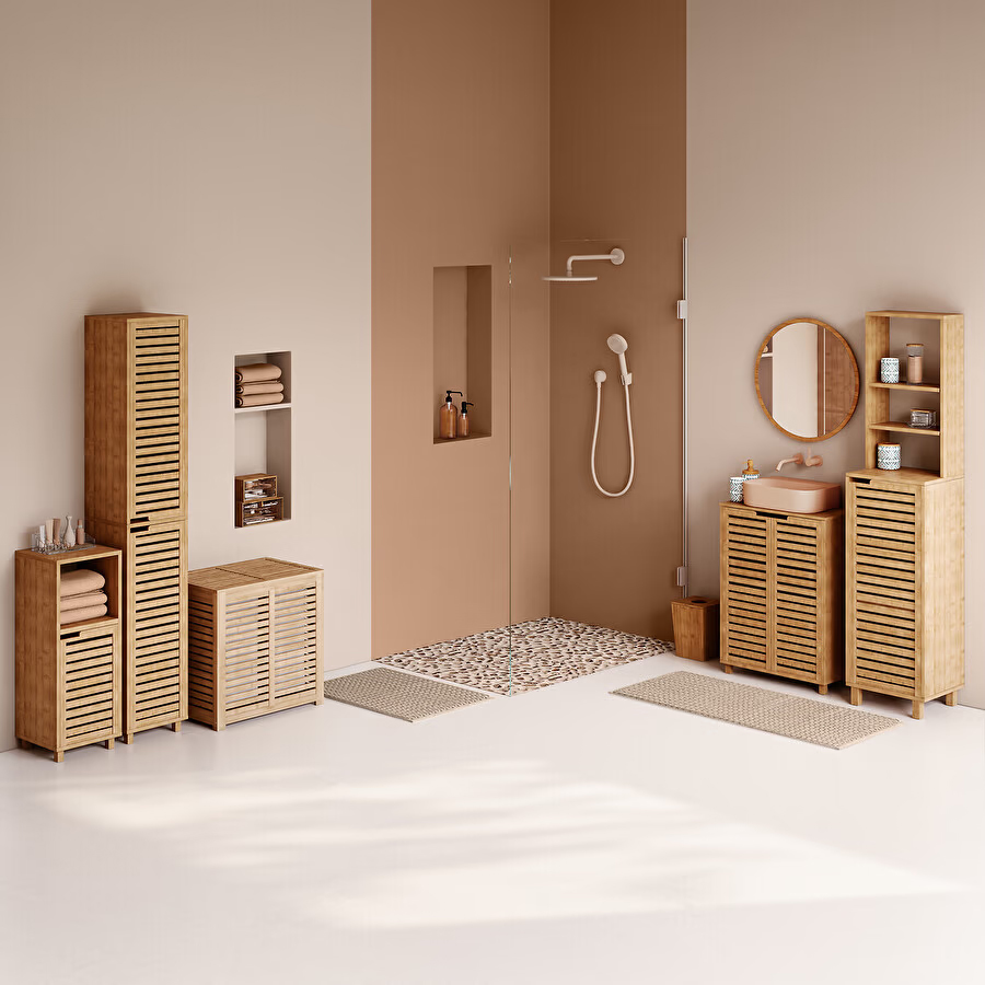 Dulap baie 5Five Sicela pentru lavoar, cu usi si rafturi, bambus si MDF, 60x28x80 cm, natur [3]