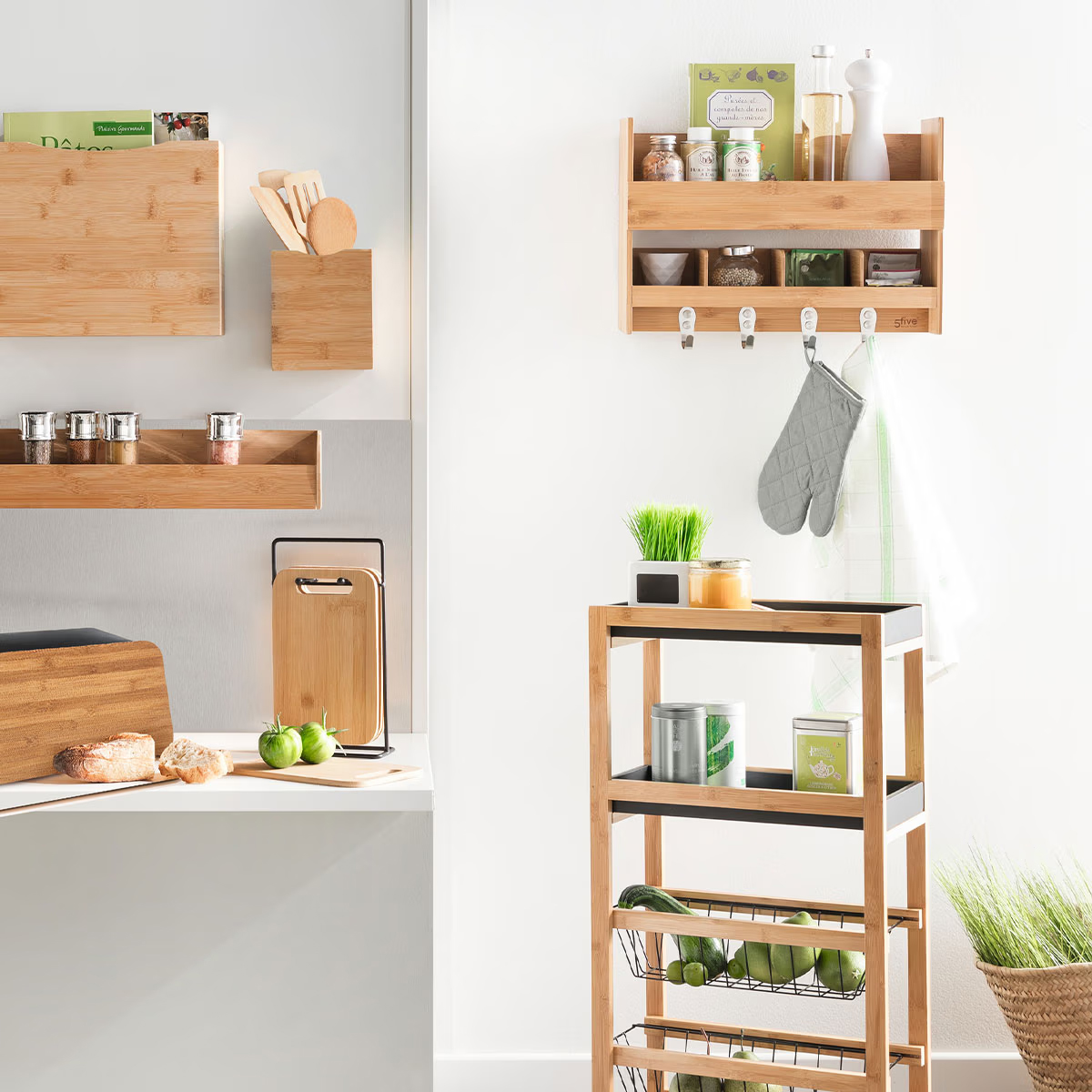 Carucior 5Five Blackwood cu 3 niveluri, bambus si MDF, 41x22x83 cm, natur si negru [6]