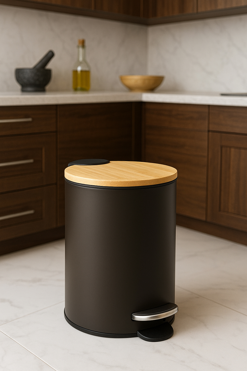 Cos gunoi 5Five Modern Color cu capac bambus si sistem soft-close, otel, polipropilena si bambus, 3L, 22x17x23 cm, negru [6]