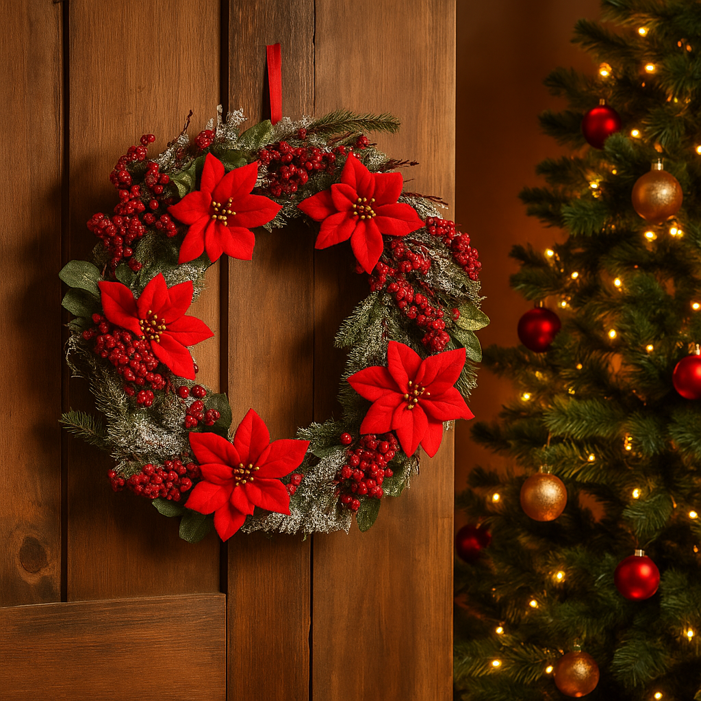 Coronita decorativa pentru Craciun, cu flori Poinsettia, diametru 50 cm, verde si rosu [2]