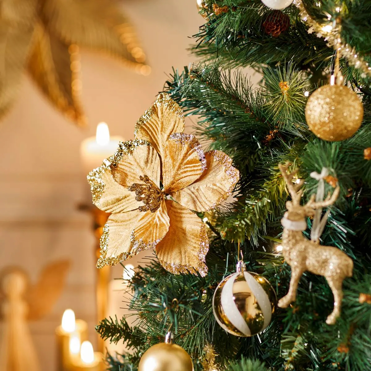 Floare decorativa Craciun poinsettia, cu clip fixare, 24x11 cm, auriu [2]