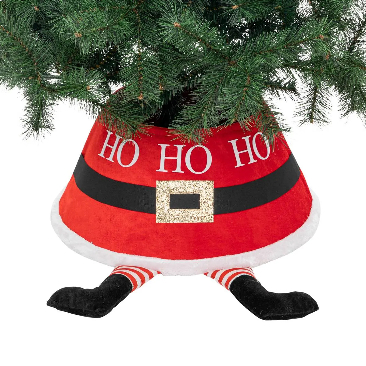 Husa decorativa tip fusta pentru bradul de Craciun, cu picioare spiridus, diametru 56 cm, rosu [3]