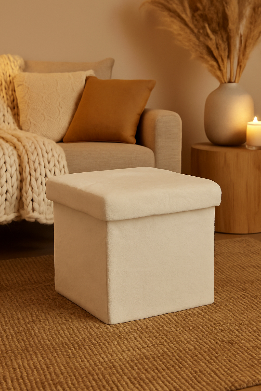 Taburet pliabil Atmosphera Ezzio cu spatiu depozitare, 38x38x38 cm, blana artificiala, alb [5]