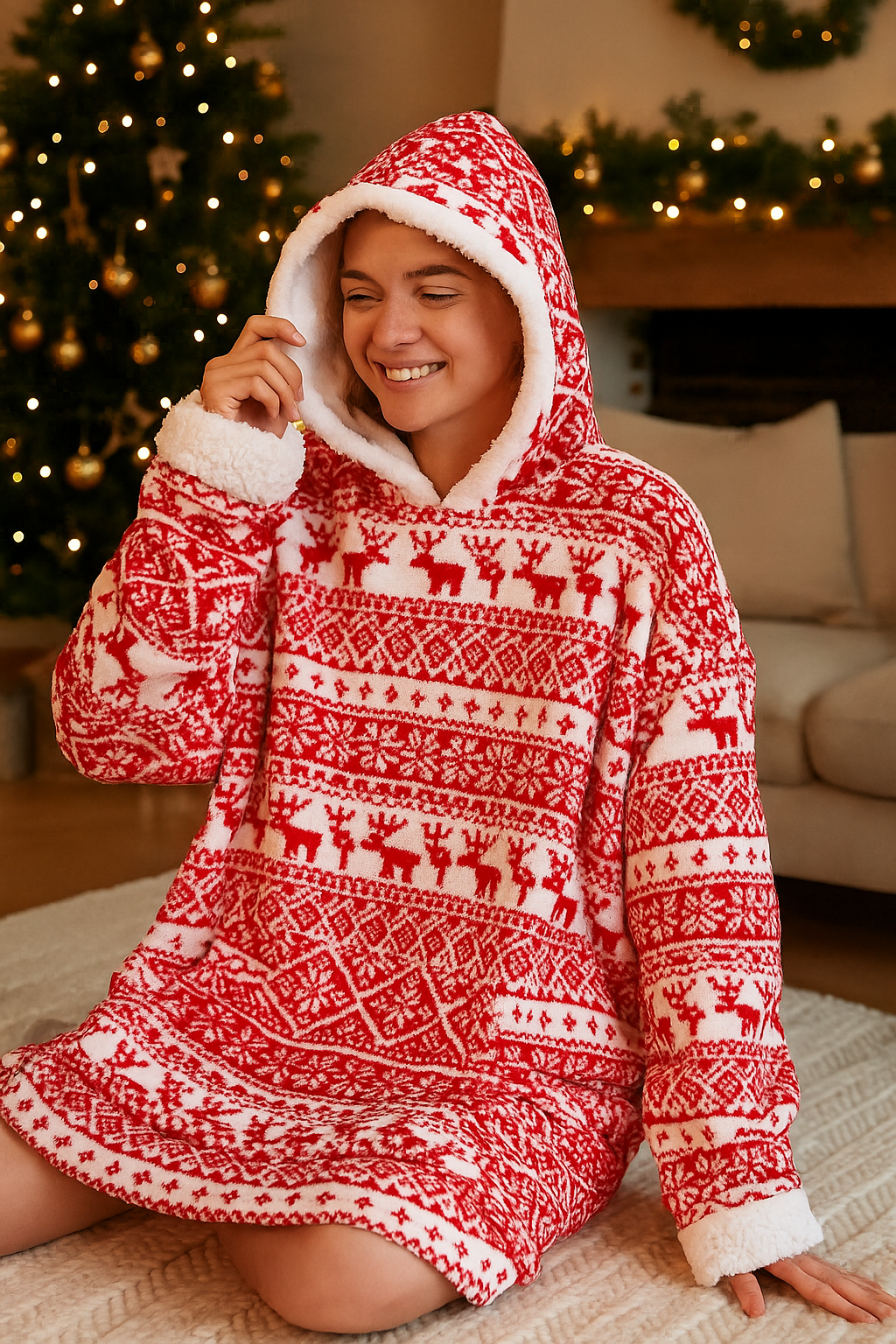 Bluza pentru adulti cu design scandinav de Craciun, oversize, 85x118 cm, rosu [6]