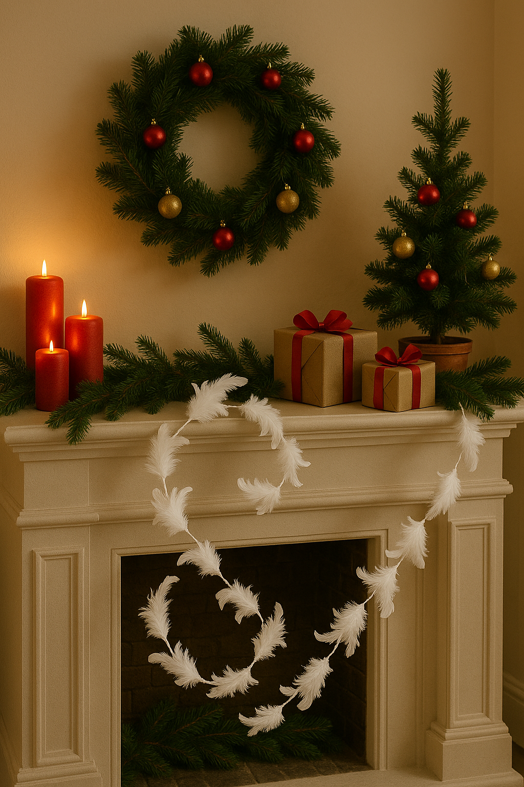 Ghirlanda pentru decor sau bradul de Craciun, model puf si pene, 200cm, alb [3]