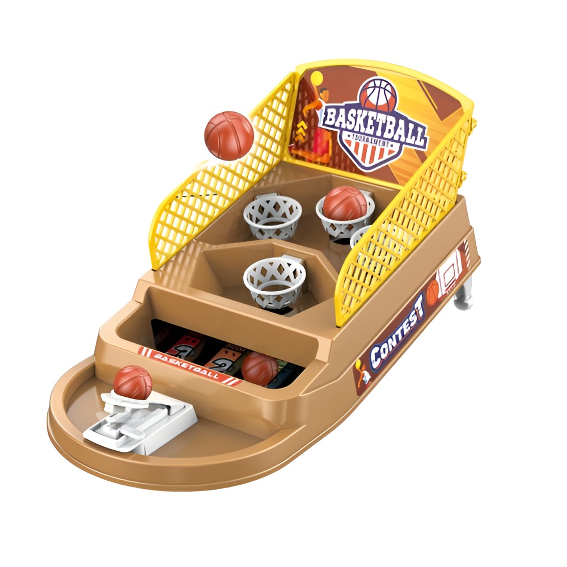 ✨TOATE PRODUSELE✨ - Joc de Masa Mini Baschet Interactiv pentru Copii, , 4 Cosuri, 3 Mingi Incluse, 23.5x11.5x14 cm, Maro