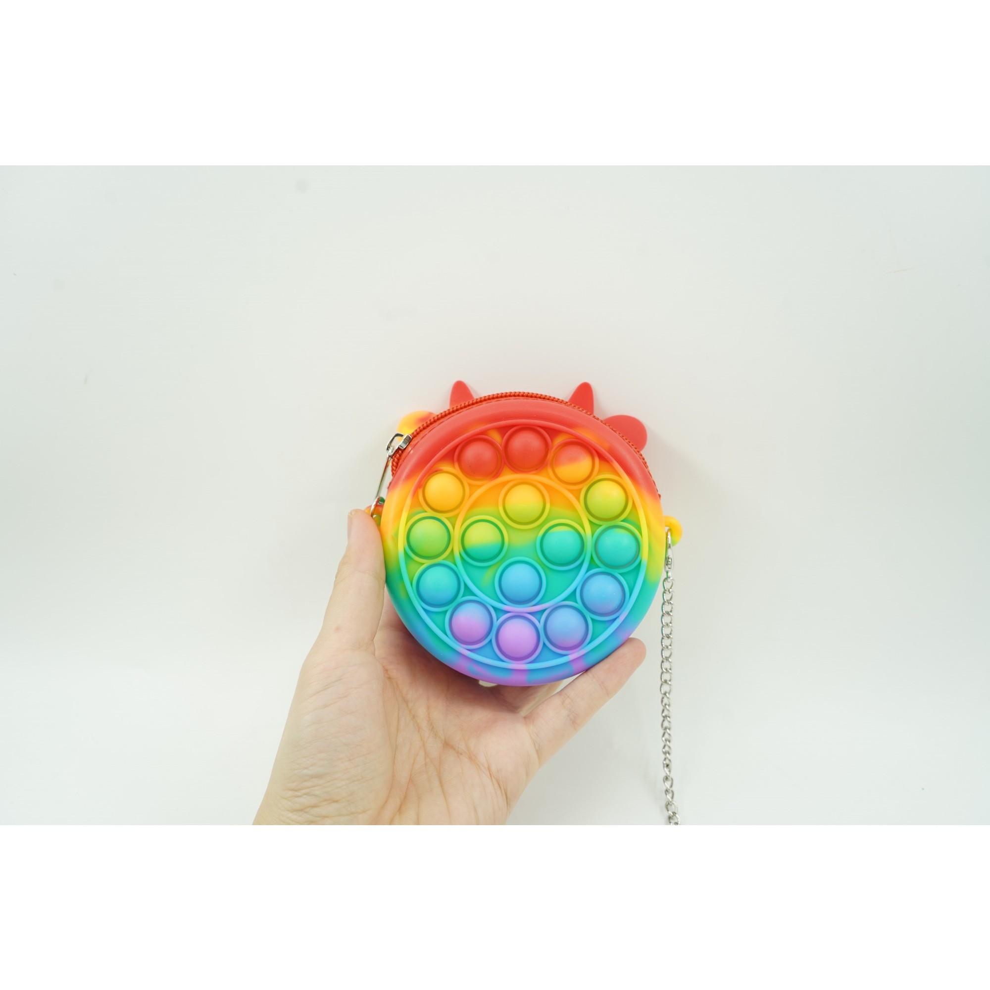 Jucarie antistres din silicon , Pop it Now and Flip It ,Mini Geanta, Vacuta, 6 cm, Curcubeu [1]