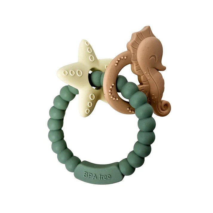 ✨TOATE PRODUSELE✨ - Jucarie Dentitie Bebelusi, , Tip Bratara, Model Calut si Stea de Mare, + 3 luni, din Silicon, fara BPA, 8.1 x 8.1 x 1.2 cm, Verde