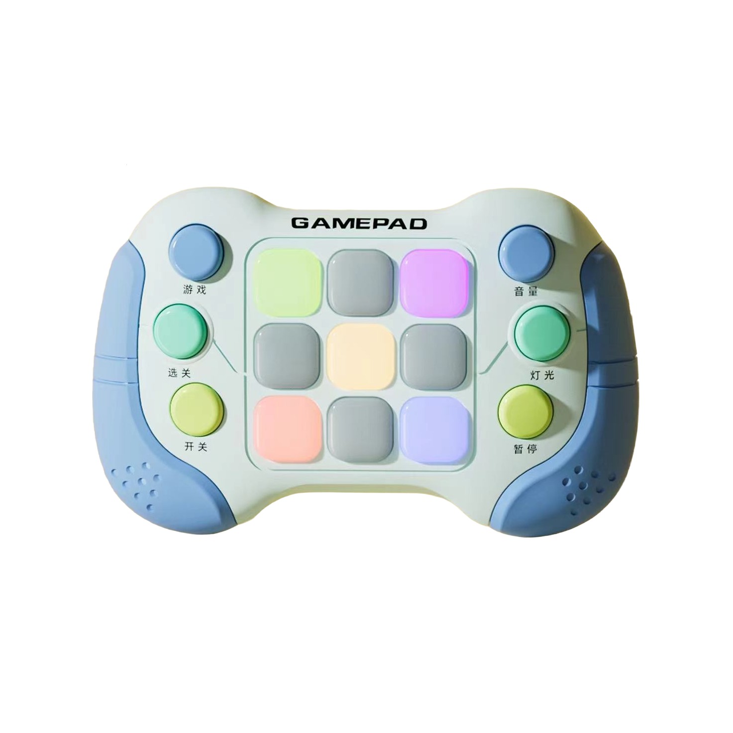 Console - Jucarie Interactiva , Tip Consola Pop It, 6 butoane functionale, 5 Moduri de Joc, 600 Niveluri, + 3 ani, Albastru/Gri