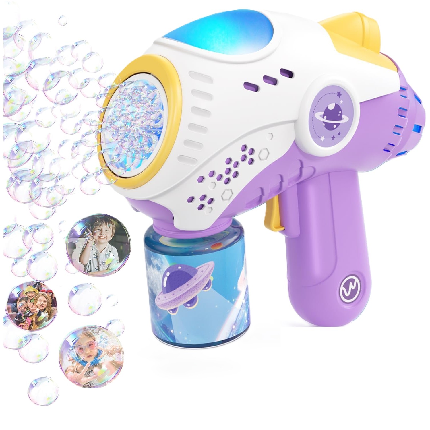 ✨TOATE PRODUSELE✨ - Jucarie Interactiva pentru Baloane de Sapun, , Sunete si Lumini, Model Pistol, cu 8 Orificii, 19 x 8.8 x 16.3 cm, Mov