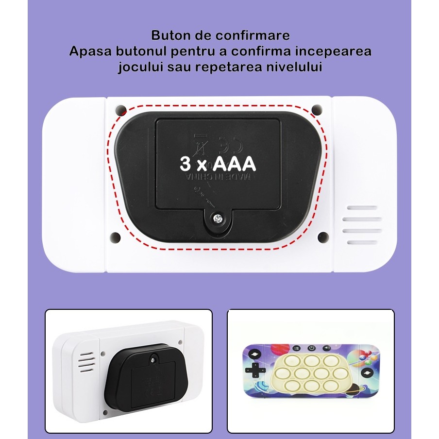 Jucarie interactiva tip consola pentru copii , speed push whack-a-mole, joc de viteza pop it, material ABS/silicon, cu nivele, sunete si lumini, 15.5 x 7.6 x 5.3 cm, model spatiu, multicolor [6]