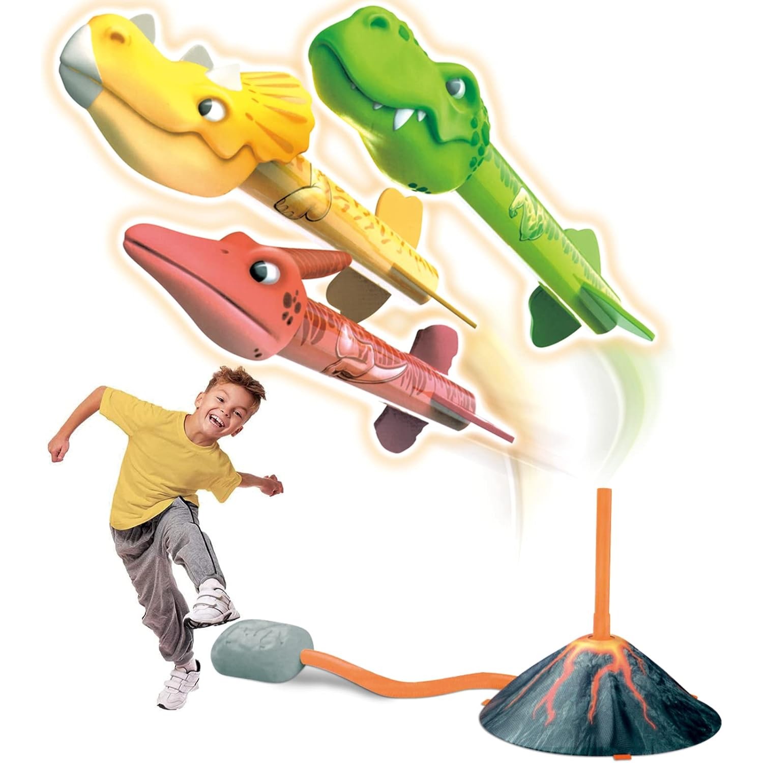 Jucarie pentru Copii, , Lansator de Rachete cu Piciorul, un Singur Lansator, 3 Rachete Donozauri cu Lumini, 30 cm Inaltime, Model Vulcan, Multicolor [4]
