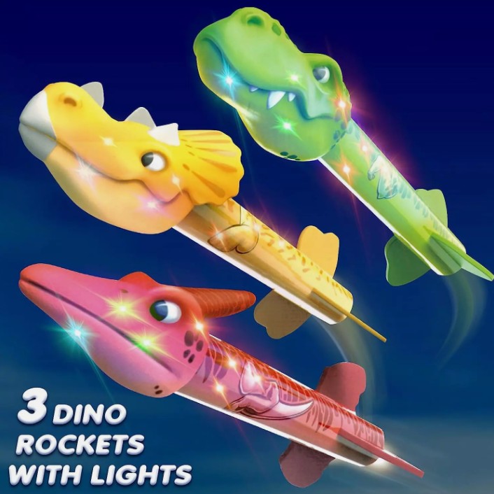 Jucarie pentru Copii, , Lansator de Rachete cu Piciorul, un Singur Lansator, 3 Rachete Donozauri cu Lumini, 30 cm Inaltime, Model Vulcan, Multicolor [7]
