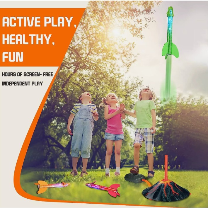 Jucarie pentru Copii, , Lansator de Rachete cu Piciorul, un Singur Lansator, 3 Rachete Donozauri cu Lumini, 30 cm Inaltime, Model Vulcan, Multicolor [11]