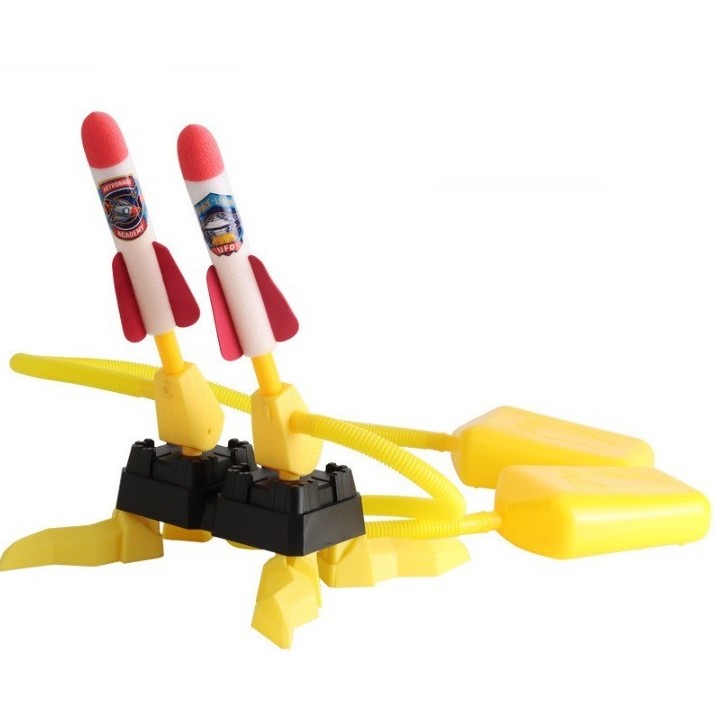 Jucarii interactive - Jucarie pentru copii, lansator rachete cu piciorul, doua lansatoare, 6 rachete cu lumini