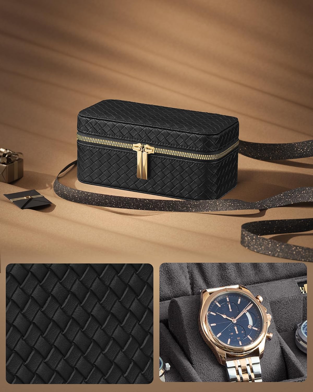 SONGMICS Cutie ceasuri Ronne Collection, pentru 3 ceasuri, piele PU aspect impletit, 10x20x9 cm, negru [2]