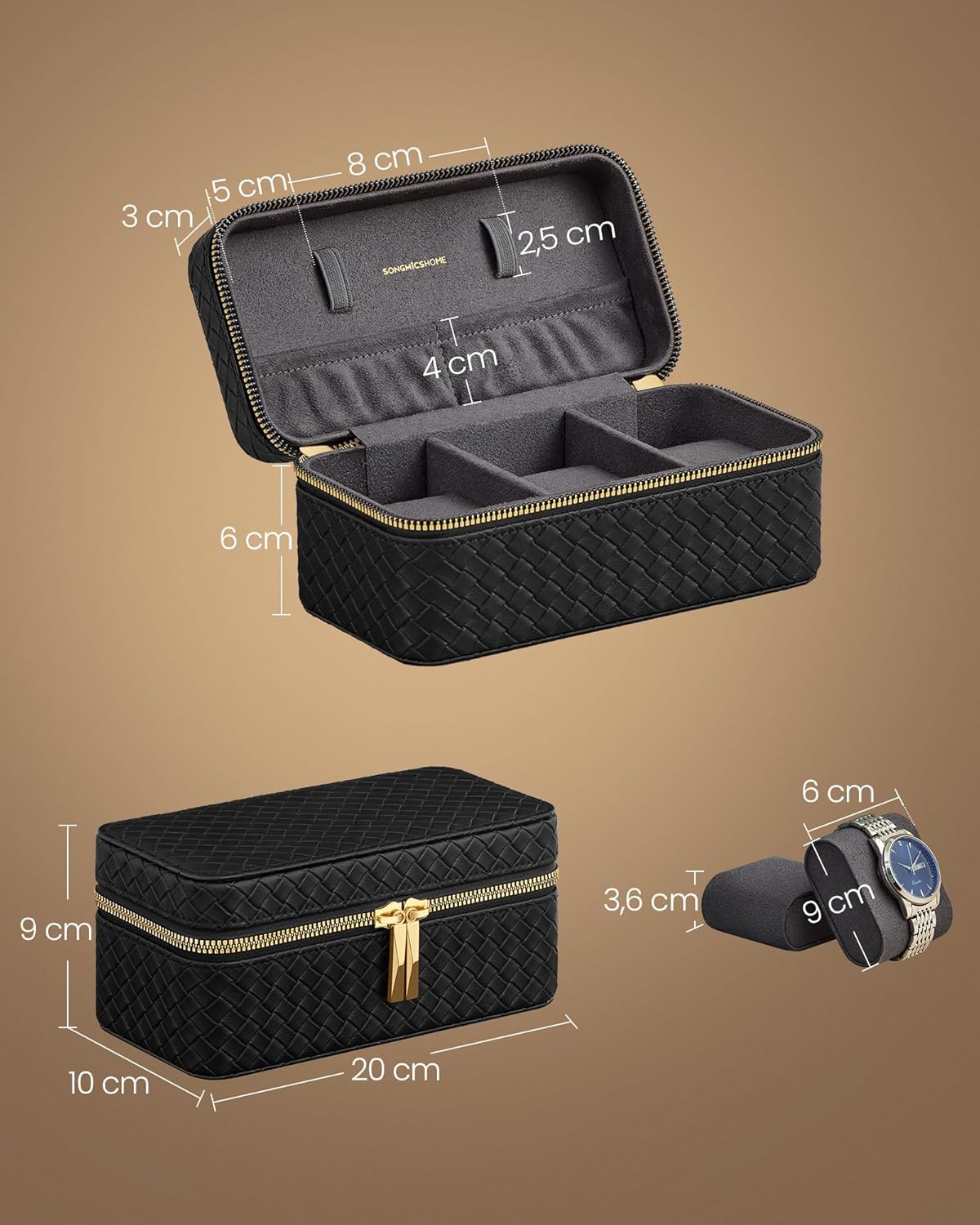 SONGMICS Cutie ceasuri Ronne Collection, pentru 3 ceasuri, piele PU aspect impletit, 10x20x9 cm, negru [6]