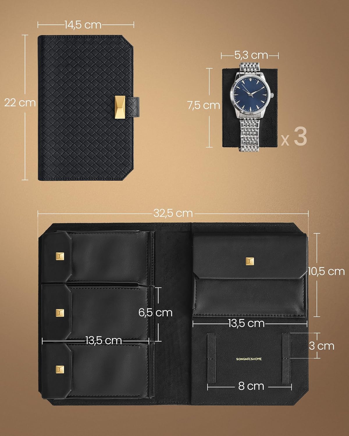 SONGMICS Cutie ceasuri Ronne Collection pentru 3 ceasuri, piele PU, cu compartiment secret, 22x15x5 cm, negru [3]