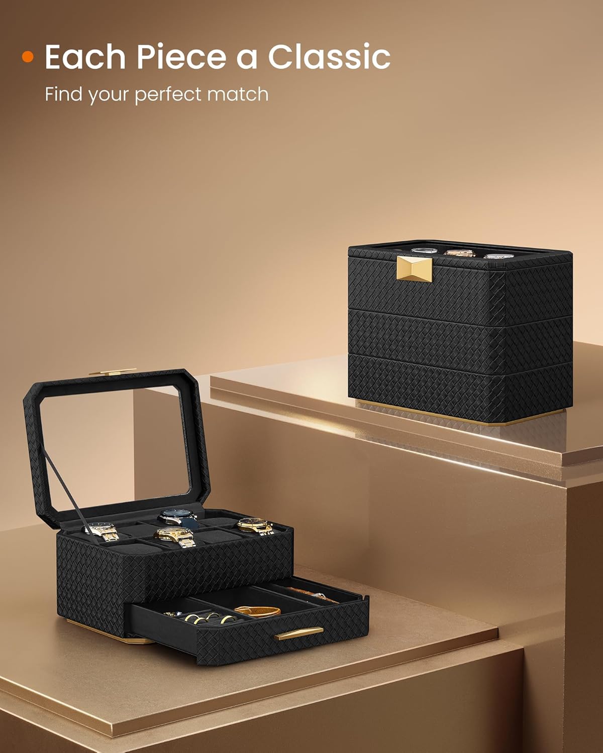 SONGMICS Cutie ceasuri Ronne Collection, 8 sloturi cu compartimente, piele PU impletita, 27x20x15 cm, negru [3]